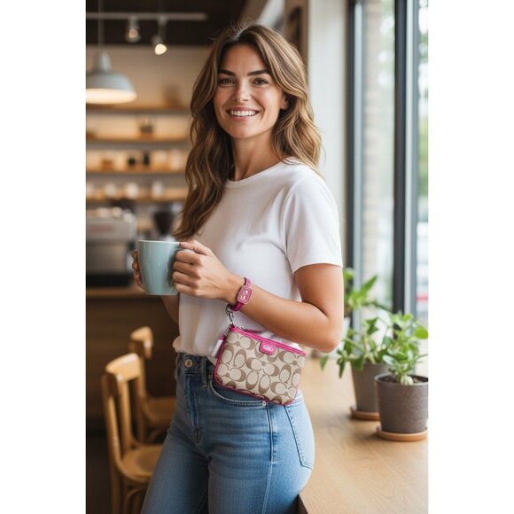 Coach Signature Khaki/Fuchsia Small Wristlet With Box & Tags - Picture 3 of 12